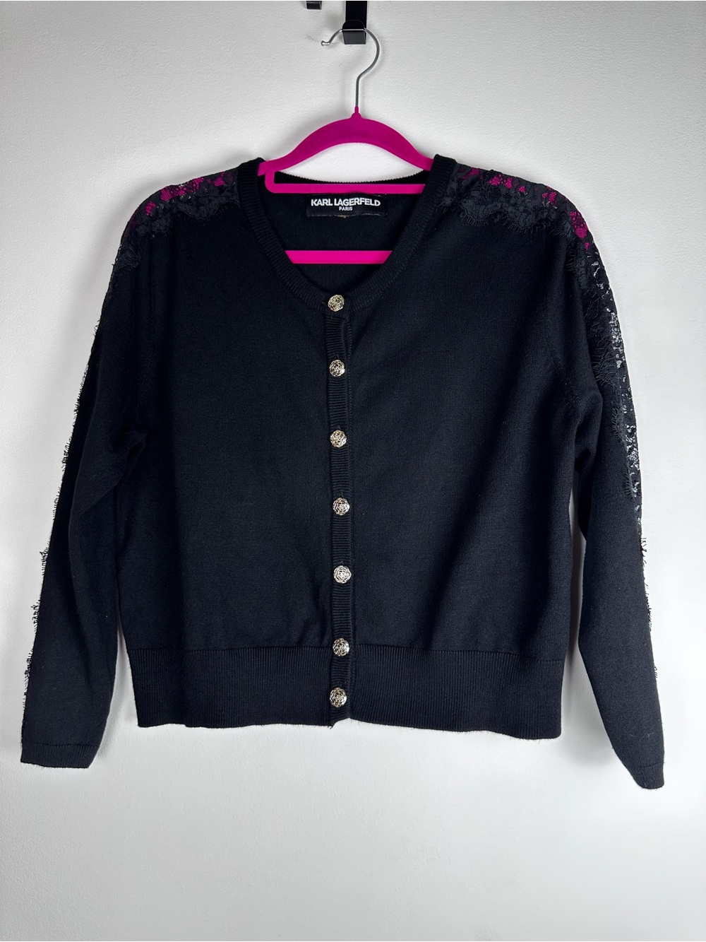Karl Lagerfeld Paris Women’s Black Lace Sleeve Cropped Cardigan Gold Buttons S